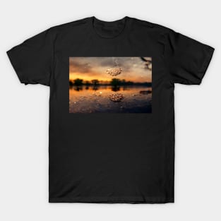 Sunset Lake Raindrops In Golden Houer Cloudscape T-Shirt